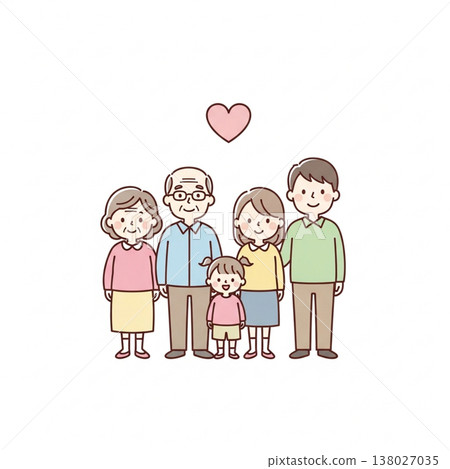 一幅溫馨的三代同堂家庭插畫 | 祖父母、父母和孩子們燦爛的笑容合影 一幅溫馨的三代同堂家庭插畫 | 祖父母、父母和孩子們燦爛的笑容合影 138027035