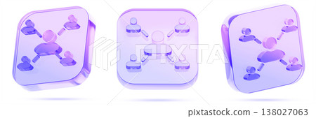 3D user network connection icon set - glass hologram square badge with people connected by lines. Online communication, business meeting, conference, teamwork discussion, partnership. 3D illustration 138027063