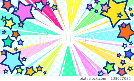 A colorful, cute, and pop vector graphic with stars popping out and converging lines on a white background. Suitable for 16:9 YouTube thumbnail ads. 138027083