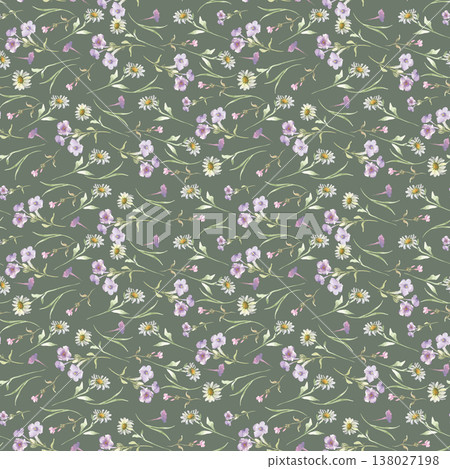 Summer floral pastel pattern with watercolor hand painted flowers on green background. Seamless meadow botanical texture for textile design or package. Repeat wild plants for wallpaper or backdrop. Summer floral pastel pattern with watercolor hand painted flowers on green background. Seamless meadow botanical texture for textile design or package. Repeat wild plants for wallpaper or backdrop. 138027198