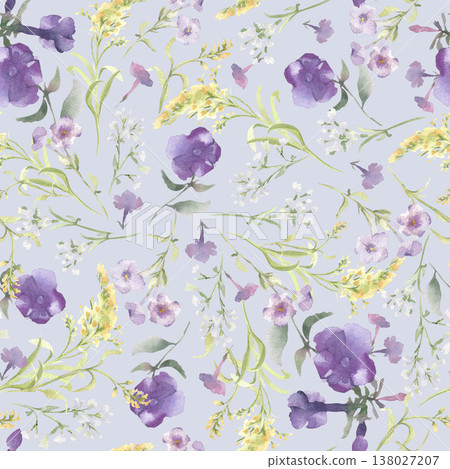 Delicate field flowers watercolor seamless pattern on blue. Repeat print of hand painted purple petunias and yellow wildflowers. Botanical background design for textile art, stationery and wallpaper. Delicate field flowers watercolor seamless pattern on blue. Repeat print of hand painted purple petunias and yellow wildflowers. Botanical background design for textile art, stationery and wallpaper. 138027207