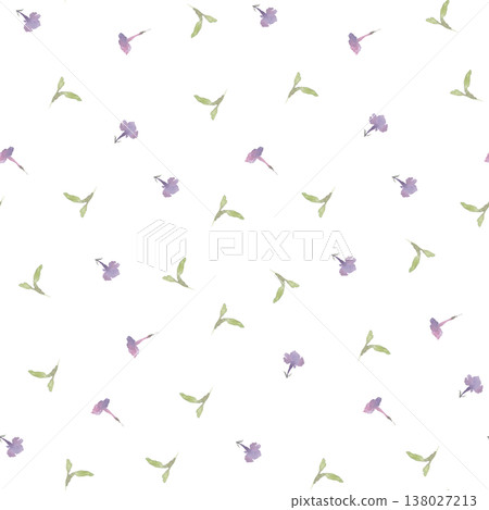 Soft meadow flower watercolor pattern on white. Seamless background with hand drawn purple blossoms green leaves. Botanical minimalist print for fabric textile, wrapping paper and stationery design. Soft meadow flower watercolor pattern on white. Seamless background with hand drawn purple blossoms green leaves. Botanical minimalist print for fabric textile, wrapping paper and stationery design. 138027213