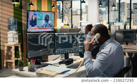 Worried portfolio managers making telephone calls in response to Black Swan event disruption. Panicked prop firm workers evaluate stock market impact of unexpected recession Worried portfolio managers making telephone calls in response to Black Swan event disruption. Panicked prop firm workers evaluate stock market impact of unexpected recession 138027293