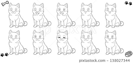 一組描繪不同表情的坐姿柴犬的線條插畫。 138027344