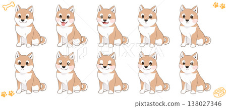 一組描繪不同表情的坐姿柴犬插圖。 一組描繪不同表情的坐姿柴犬插圖。 138027346