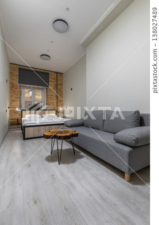 Modern Industrial Studio Apartment with Grey Sofa and Live Edge Wood Table 138027489