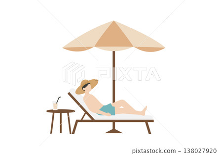 一名身穿泳裝的男子在遮陽傘下放鬆休息。 138027920