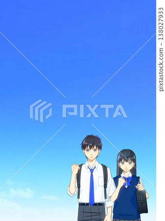 An anime-style illustration of high school or junior high school boys and girls in summer clothes against a wide blue sky An anime-style illustration of high school or junior high school boys and girls in summer clothes against a wide blue sky 138027933