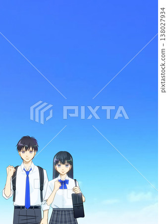 一幅動漫風格的插畫，描繪了身著夏裝的高中或初中男生女生，背景是廣闊的藍天。 138027934