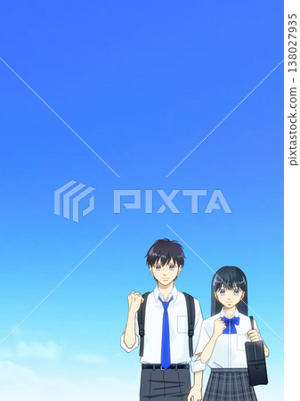 An anime-style illustration of high school or junior high school boys and girls in summer clothes against a wide blue sky 138027935