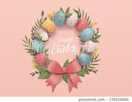 Easter wreath pastel eggs floral leaves pink ribbon decorative spring holiday celebration on soft background banner template 138028066