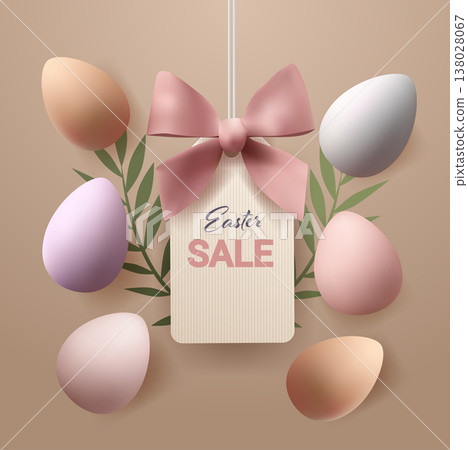 Easter eggs pastel colors bow tag leaves holiday festive background hanging label decorative elements beige template Easter eggs pastel colors bow tag leaves holiday festive background hanging label decorative elements beige template 138028067