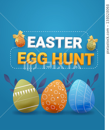 Easter egg hunt colorful decorated eggs blue background festive ornaments leaves modern holiday banner template 138028068