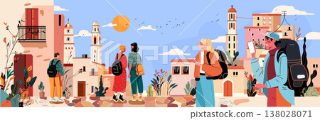 Travelers exploring cityscape urban tourism adventure group of people with backpacks walking among historic buildings sunny sky plants modern flat design Travelers exploring cityscape urban tourism adventure group of people with backpacks walking among historic buildings sunny sky plants modern flat design 138028071