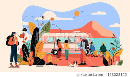 Travel van road trip adventure group friends camping nature landscape mountains lake people backpacks dog outdoor leisure colorful foliage 138028123