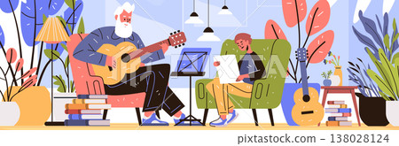 Active senior man playing guitar music lesson cozy living room with plants books lamp student listening colorful modern home 138028124