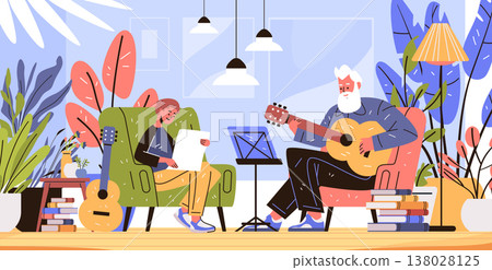 Active seniors guitar lesson music learning living room scene with elderly man playing guitar and young boy reading sheet plants books cozy home Active seniors guitar lesson music learning living room scene with elderly man playing guitar and young boy reading sheet plants books cozy home 138028125