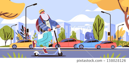 Active senior man riding electric scooter urban city street autumn trees modern buildings cars outdoor activity healthy lifestyle 138028126