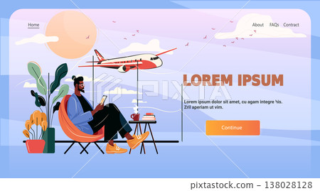 Man waiting at airport lounge airplane window plants sunrise modern travel concept website landing page template 138028128