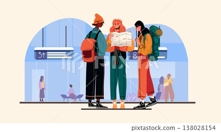 Young travelers planning journey at station group of friends with backpacks reading map in modern terminal interior blue background flat design Young travelers planning journey at station group of friends with backpacks reading map in modern terminal interior blue background flat design 138028154