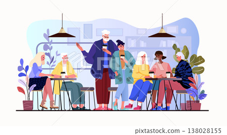 Active seniors group socializing coffee shop diverse elderly people chatting drinking modern cafe plants cozy interior Active seniors group socializing coffee shop diverse elderly people chatting drinking modern cafe plants cozy interior 138028155