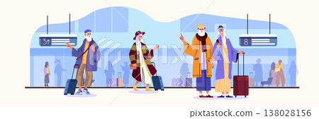 Active seniors airport travel elderly people luggage modern terminal waiting area colorful outfits group journey adventure Active seniors airport travel elderly people luggage modern terminal waiting area colorful outfits group journey adventure 138028156