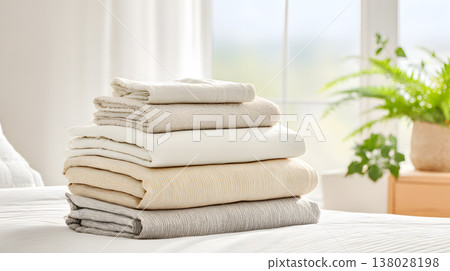Soft bed sheet cotton bedding folded linen neutral color home textile cozy bedroom natural light comfortable fabric stacked towel interior decor Soft bed sheet cotton bedding folded linen neutral Soft bed sheet cotton bedding folded linen neutral color home textile cozy bedroom natural light comfortable fabric stacked towel interior decor Soft bed sheet cotton bedding folded linen neutral 138028198