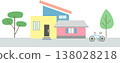 Colorful house, trees, and bicycle streetscape background illustration material 138028218
