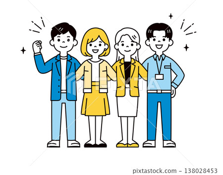 Simple full-body vector illustration of several young male and female business professionals with their arms around each other's shoulders, showing solidarity. 138028453
