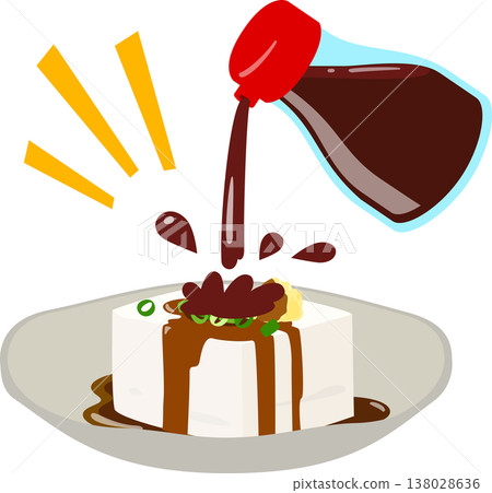 將大量醬油從醬油壺倒在豆腐上。 將大量醬油從醬油壺倒在豆腐上。 138028636