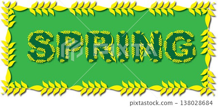 Graphic illustration of the word 'SPRING' on a green background with yellow leaf border. Graphic illustration of the word 'SPRING' on a green background with yellow leaf border. 138028684