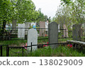 Quiet Overgrown Cemetery With Weathered Tombstones and Wildflowers Among Trees on a Cloudy Day 138029009