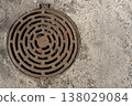 Rusty Round Manhole Cover With Concentric Grate Pattern In Weathered Concrete Pavement 138029084