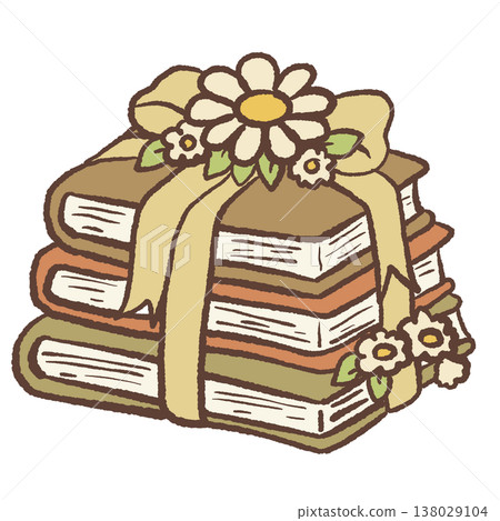 Stack of vintage books tied with ribbon and daisy flowers cozy bookish cottagecore illustration pastel reading clipart for planners stickers Stack of vintage books tied with ribbon and daisy flowers cozy bookish cottagecore illustration pastel reading clipart for planners stickers 138029104