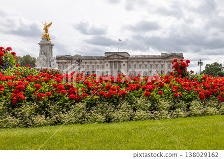 Buckingham Palace and Victoria Memorial with red foreground flowers, London, UK Buckingham Palace and Victoria Memorial with red foreground flowers, London, UK 138029162