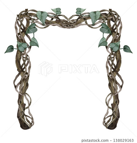 Rustic watercolor illustration of a wooden wedding arch delicately wrapped in green ivy vines. This hand-painted natural frame with heart-shaped leaves is perfect for eco-friendly ceremony designs and Rustic watercolor illustration of a wooden wedding arch delicately wrapped in green ivy vines. This hand-painted natural frame with heart-shaped leaves is perfect for eco-friendly ceremony designs and 138029163