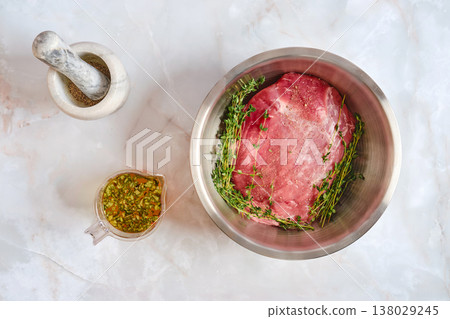 Raw pork shoulder ready for marinating Raw pork shoulder ready for marinating 138029245