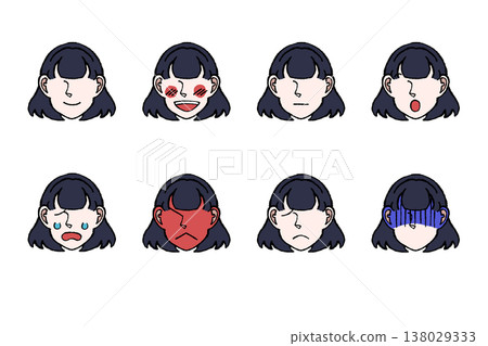 Character Face Expression Set Icons: Joy, Anger, Sorrow, and Pleasure (Semi-long Hair Illustration) 138029333