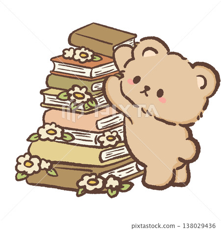 Cute teddy bear hugging tall stack of books with flowers cozy book lover cottagecore reading illustration pastel bear clipart 138029436
