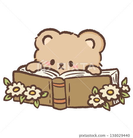 Cute teddy bear peeking behind big open book with flowers cozy bookish reading illustration pastel bear clipart 138029440