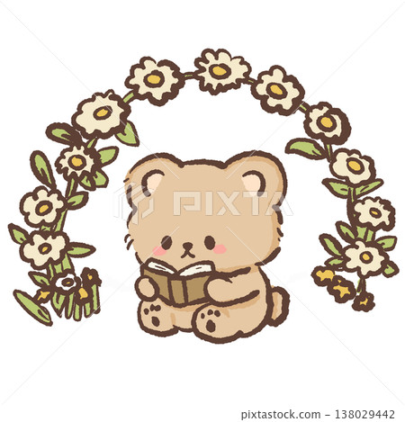 Cute teddy bear reading book under daisy flower arch cozy bookish cottagecore illustration pastel bear reading clipart 138029442