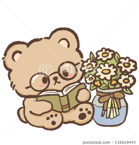 Cute teddy bear wearing glasses reading book beside flower bouquet cozy bookish cottagecore illustration pastel bear clipart 138029443