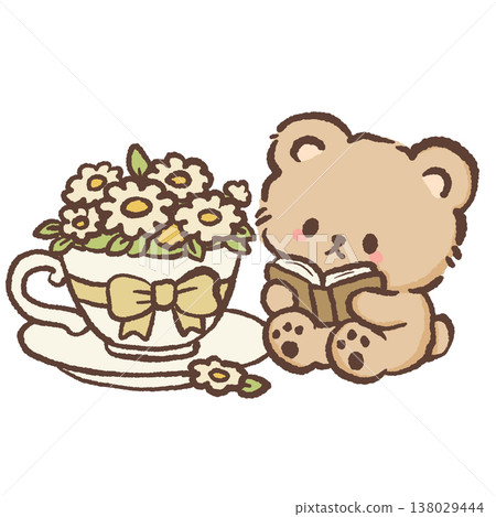 Cute teddy bear reading book beside floral teacup arrangement cozy cottagecore reading illustration pastel bear clipart Cute teddy bear reading book beside floral teacup arrangement cozy cottagecore reading illustration pastel bear clipart 138029444