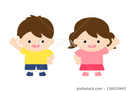 Simple and cute illustrations of children: Smiling boy and girl characters, with a person raising their hand (icon material). 138029445