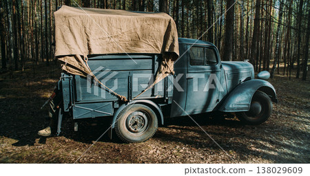 Vintage German military truck parked in forest during World War II 138029609