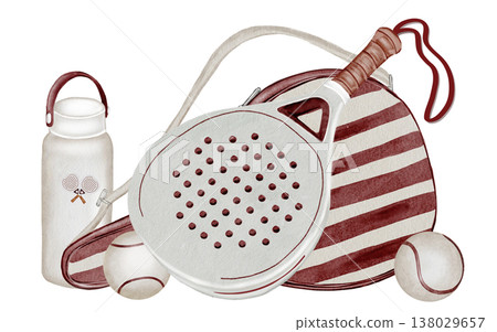 Padel tennis bag, bottle, racket and ball watercolor illustration. Clip art of sports equipment. Racket backpack. Ideal for brochures, banners, and booklets for squash or badminton. Padel tennis bag, bottle, racket and ball watercolor illustration. Clip art of sports equipment. Racket backpack. Ideal for brochures, banners, and booklets for squash or badminton. 138029657