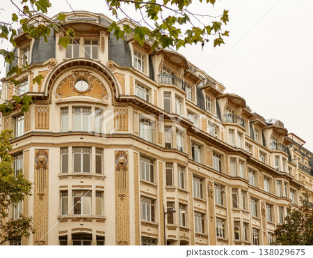 Paris Art Nouveau building, intricate facade detailing historical architecture and urban design in France 138029675