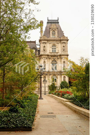 Hotel de Ville facade and garden in Paris, a landmark building with classic French architecture and green spaces 138029690
