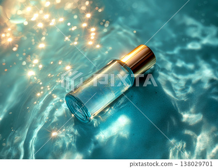 Close-up of a clear glass cosmetic bottle with a gold cap lying on turquoise water surface with sparkling sunlight reflections. 138029701
