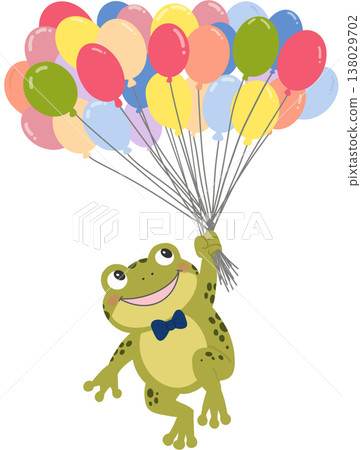 Adorable cartoon frog wearing a bow tie, happily floating while holding a bunch of colorful balloons. Adorable cartoon frog wearing a bow tie, happily floating while holding a bunch of colorful balloons. 138029702